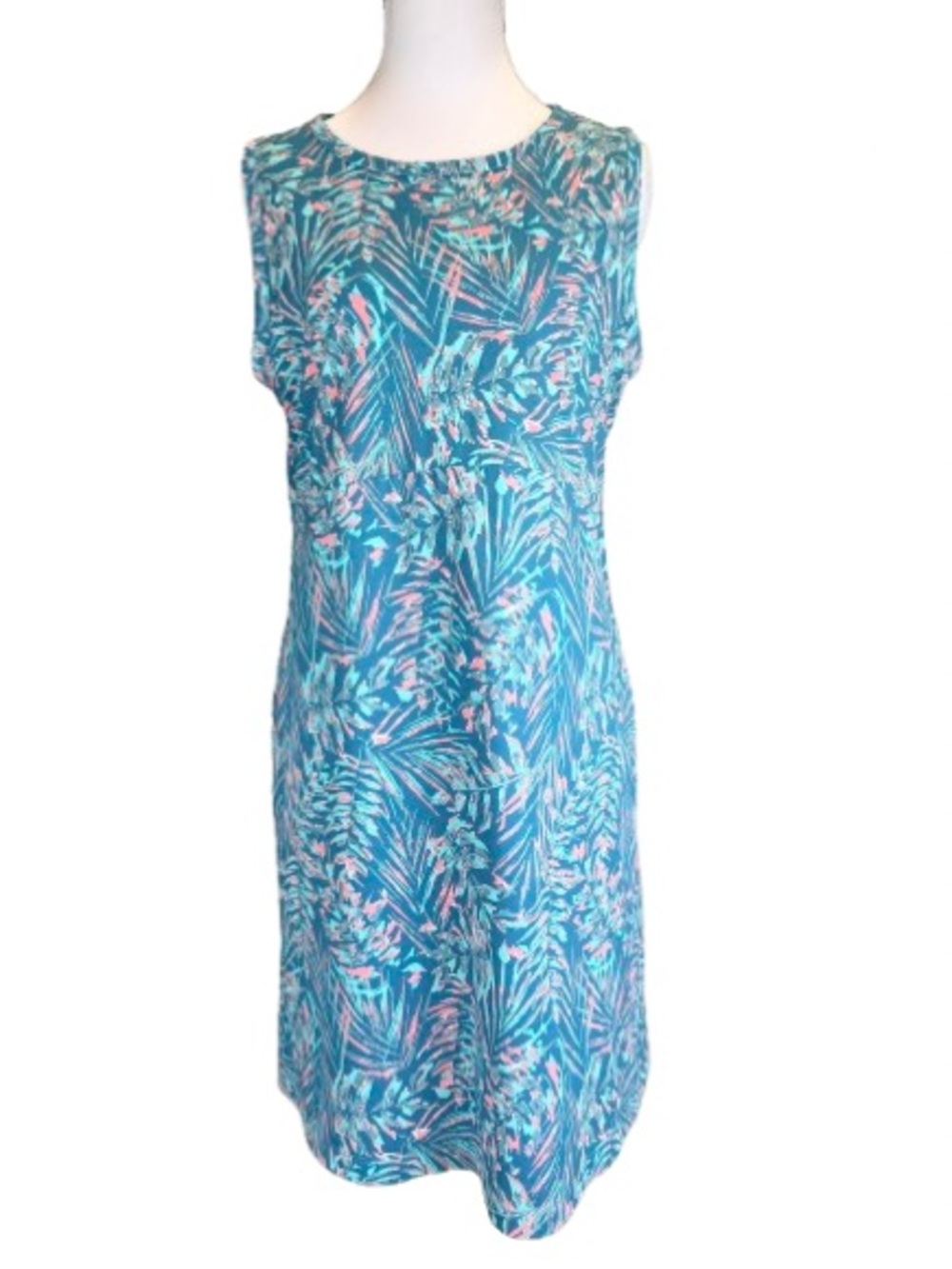 Columbia Teal Palm Print Midi Dress with Pink Accents